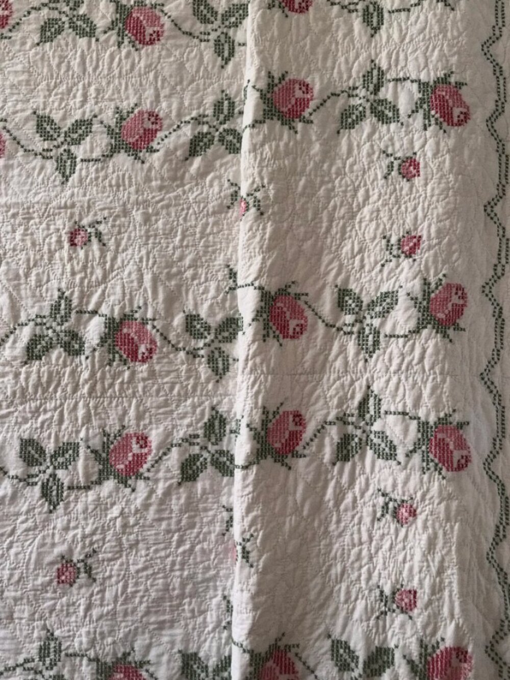 Vintage Hand Sewn Quilt With Floral Embroidery